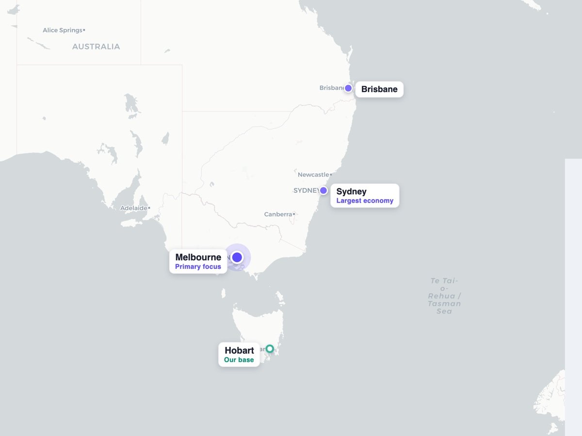Map of eastern Australia showing Devarko based in Hobart, focused on Melbourne, and serving Sydney and Brisbane